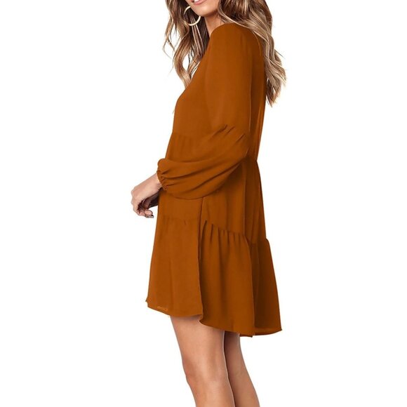 Amoretu Womens V-Neck Long Sleeve Tiered Mini Dress Rust Orange 2XL - Picture 3 of 5